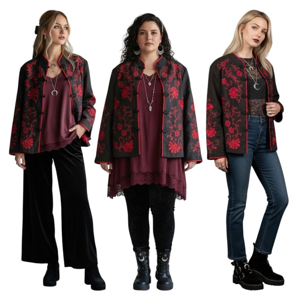 VTG Dress Barn 100% Silk Black Blazer Red Floral Embroidery Size 2X Whimsigoth